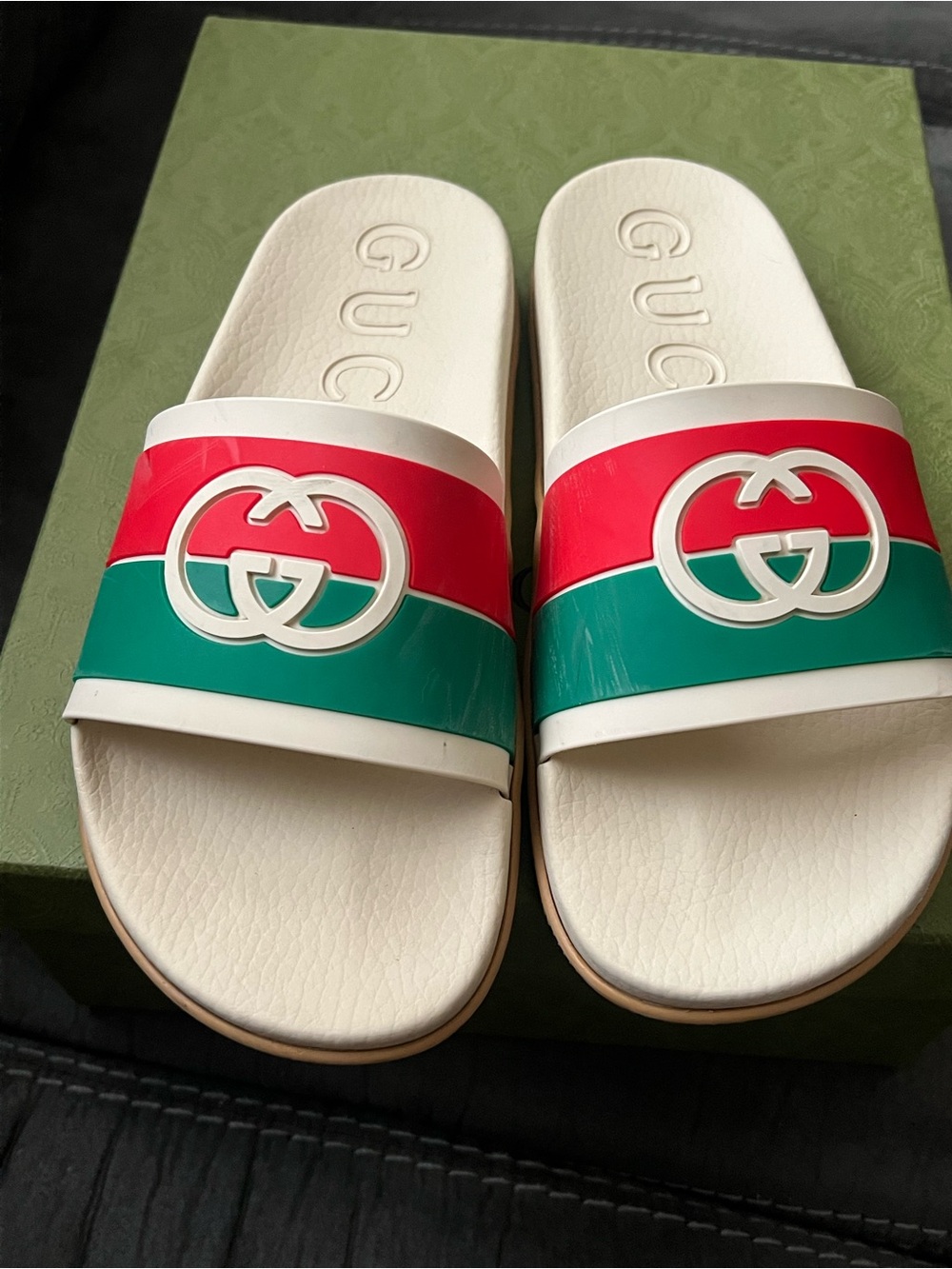 Gucci White Slides with Red and Green Stripes and Interlocking GG
